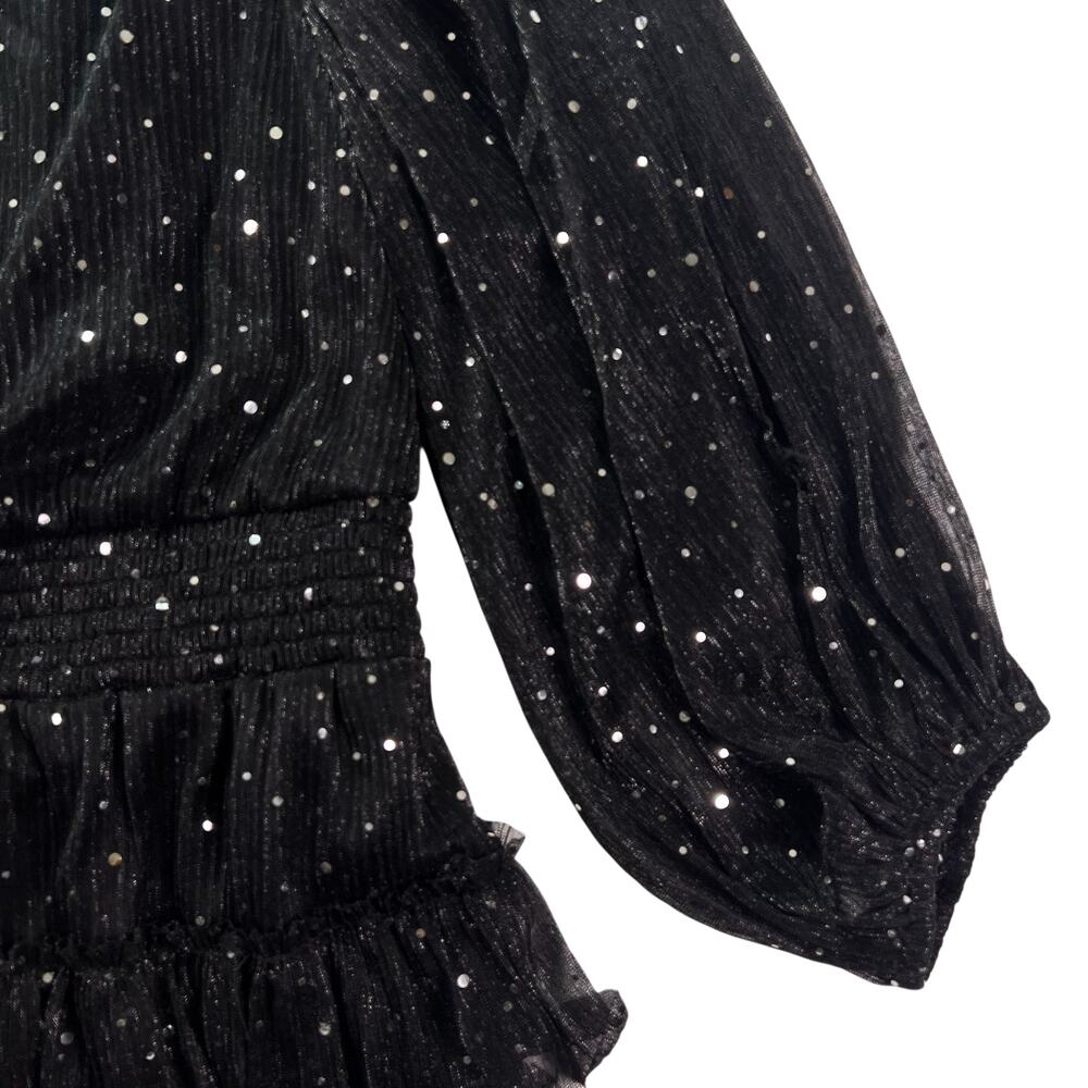 Vince Camuto Metallic Chiffon Mini Dress L Black Sheer Sleeve Tiered Sparkle - Picture 10 of 16